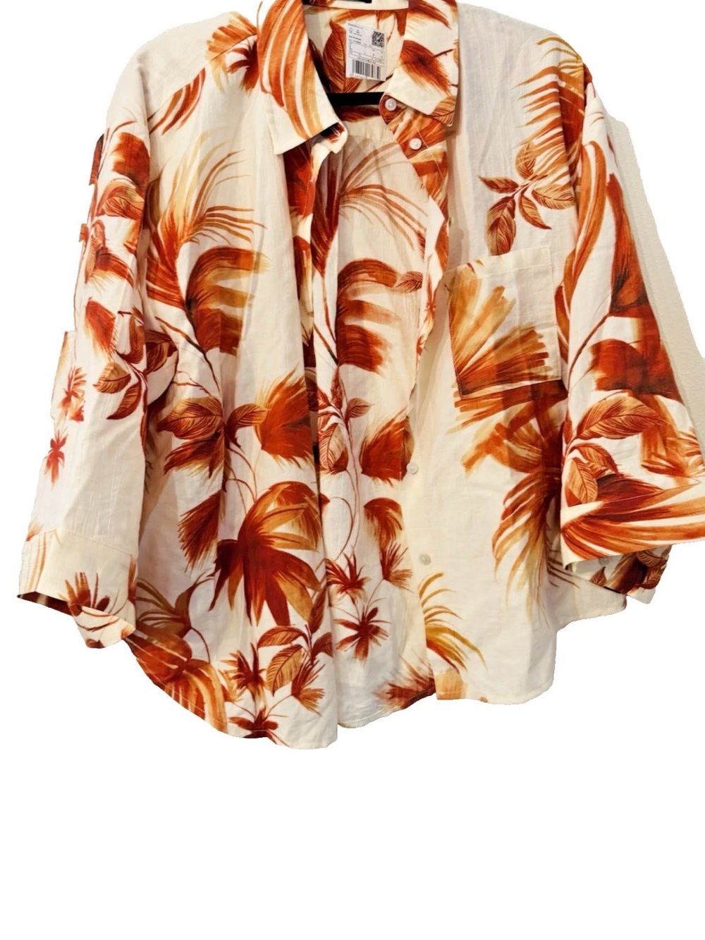 Mango Cream Button-Down Shirt with Rust Tropical Print